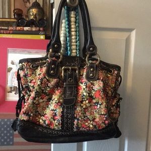 Isabella Fiore shoulder  bag- leather and fabric - floral motif with sequins